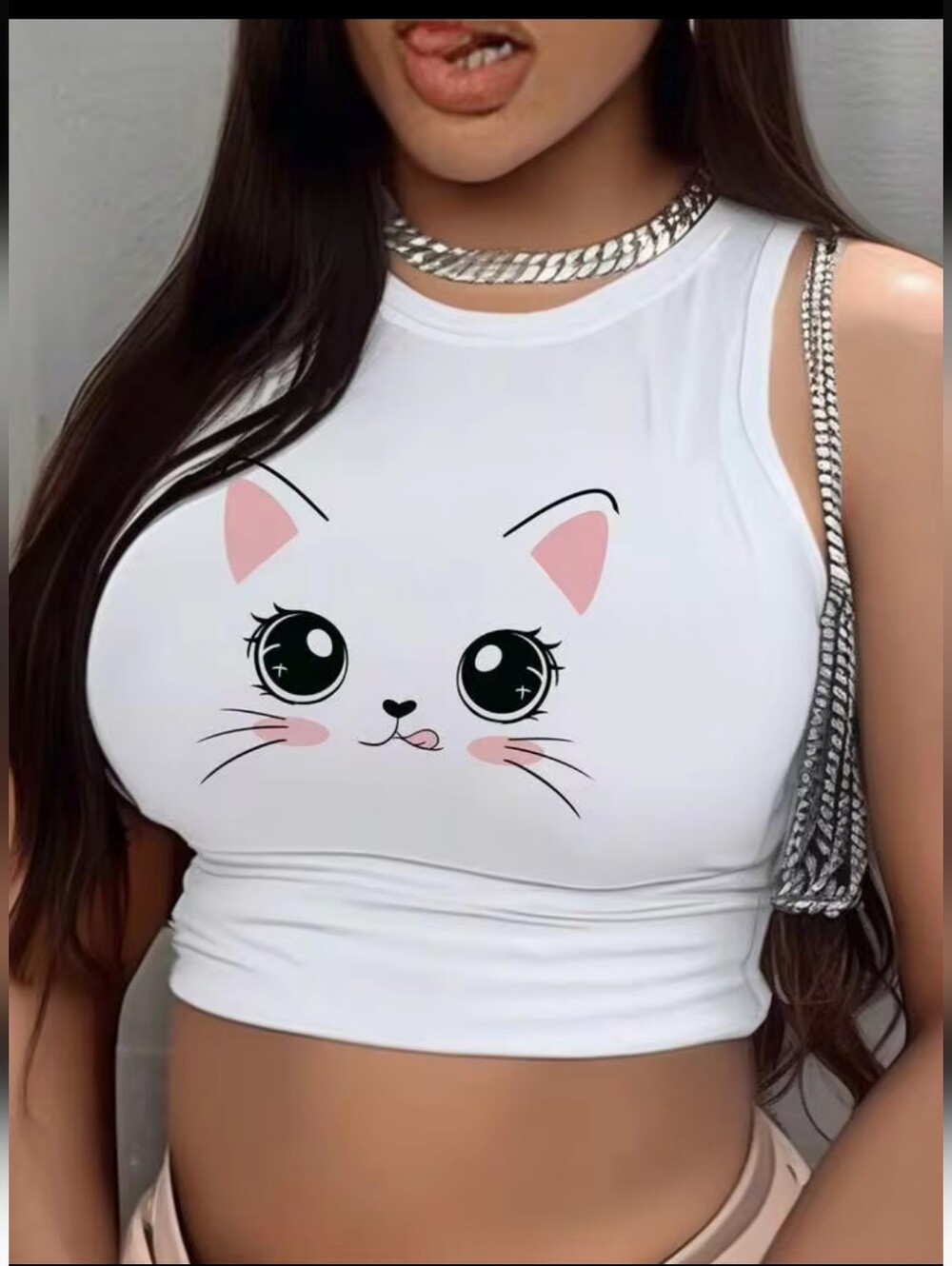 NEW Shein 2X White Cat Face Crop Tank 3941-j